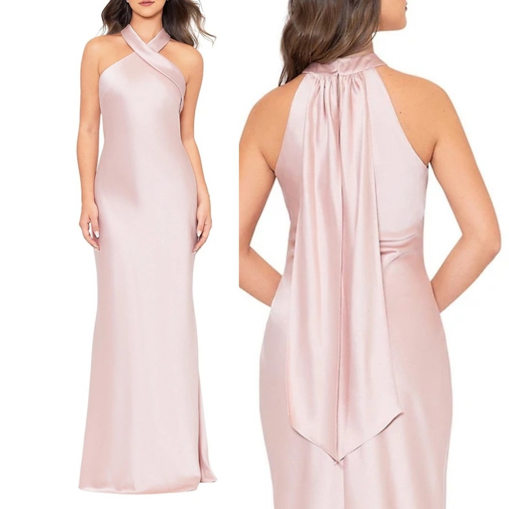 NWT Xscape Halter Neck Satin Trumpet Draped Back Maxi Gown In Rose/ Gold Size 14